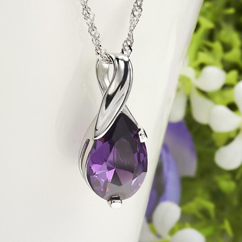 Korean Fashion Amethyst Teardrop Pendant Necklace, Silver Plated Women's Clavicle Chain