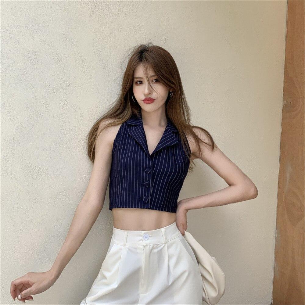 Multicolor Lapel Suit Style Women Crop Top Summer Sleeveless Halter Tank Stripes Print Button Single-Breasted Camisole 2023