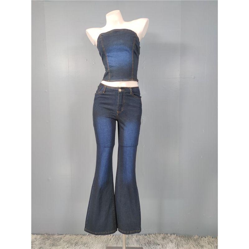 

Ozhouzhan Gyaru Street Personalized Sexy Wrap-around Denim Backless Lace-up Top + High Waist Trousers Set Women Cowboy blue L