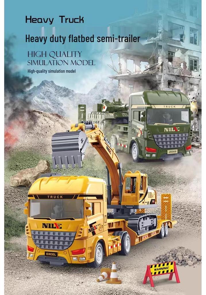 Large Flatbed Transport Truck Semi-Trailer Dolly Toy: Children's Inertial Car, Engineering Excavator, Military Vehicle.
