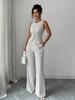 Women's Sleeveless Button Front Striped Slim Top High Waist Wide Leg Pants Two Piece Set