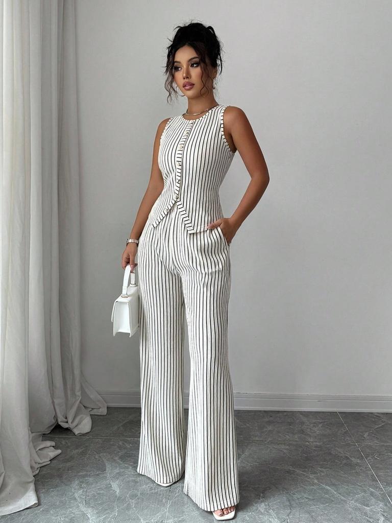 Women's Sleeveless Button Front Striped Slim Top High Waist Wide Leg Pants Two Piece Set