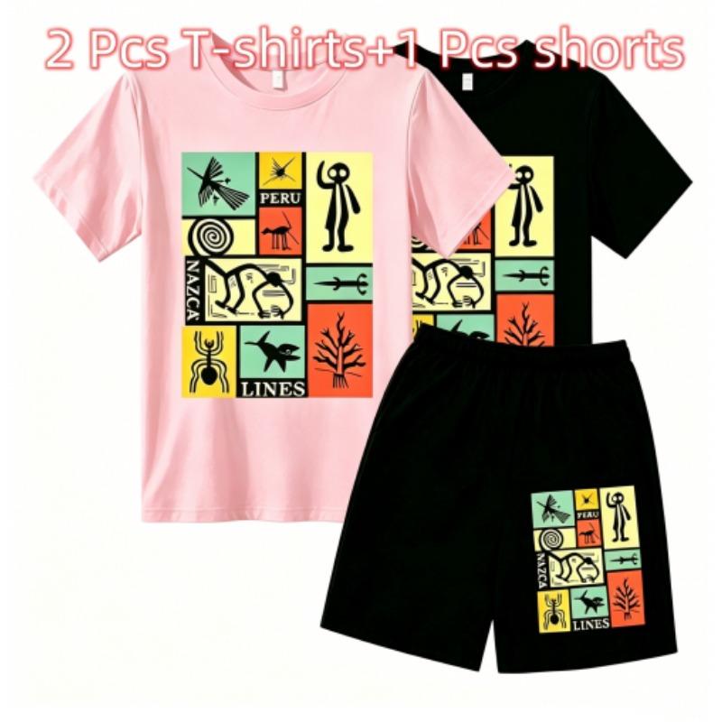 Fashion Retro Mysterious Runes Print Outdoor Street Kids T-shirt and Shorts Summer Home Casual Outfit Boy and Girl's Sports Set