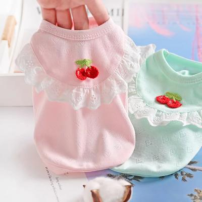 Pet Sleeveless Shirt Spring Summer Lace Ruffle Embroidery Cherry Small Breed Dogs Cats Clothes Breathable Pet Costume Outfit Apparel