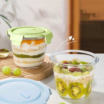 Sklenený hrnček na ovsenú kašu cez noc Raňajkový hrnček Prenosný s viečkom Vhodný do mikrovlnnej rúry Miska na ovocný šalát Hrnčeky na polievku Jogurtové poháre