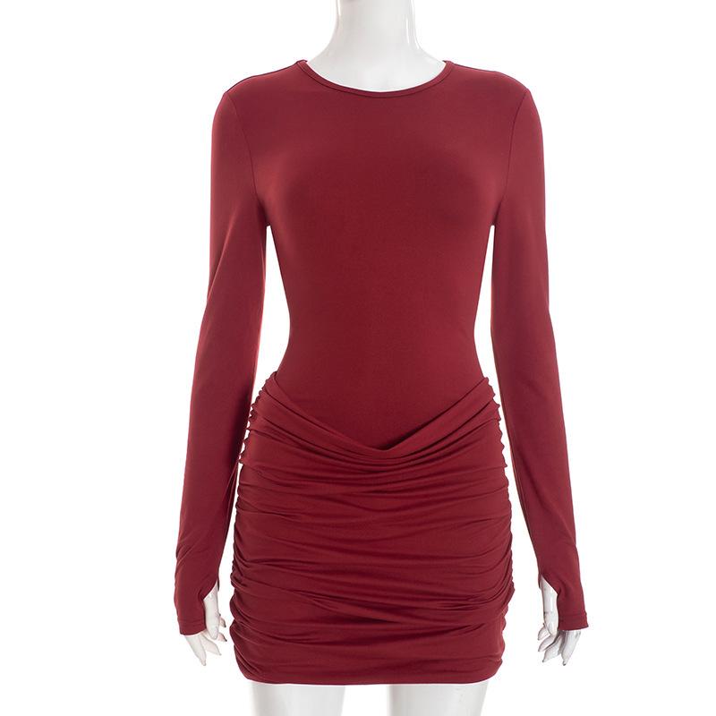 Solid Color Slim Fit Round Neck Shirred Mini Dress - European & American Women's Autumn/Winter Collection