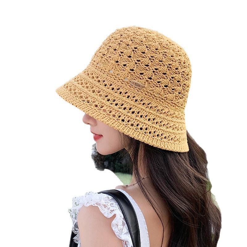 Hollow Knitted Solid Color Hat Women's Summer Eaves Breathable Bucket Hat Sunshade Sunscreen Washbasin Hat