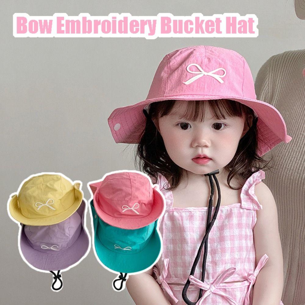 Quick-dry Summer Kid Sunhat Bow Embroidery Children's Fisherman Hat Candy Color Bucket Hat  Kid