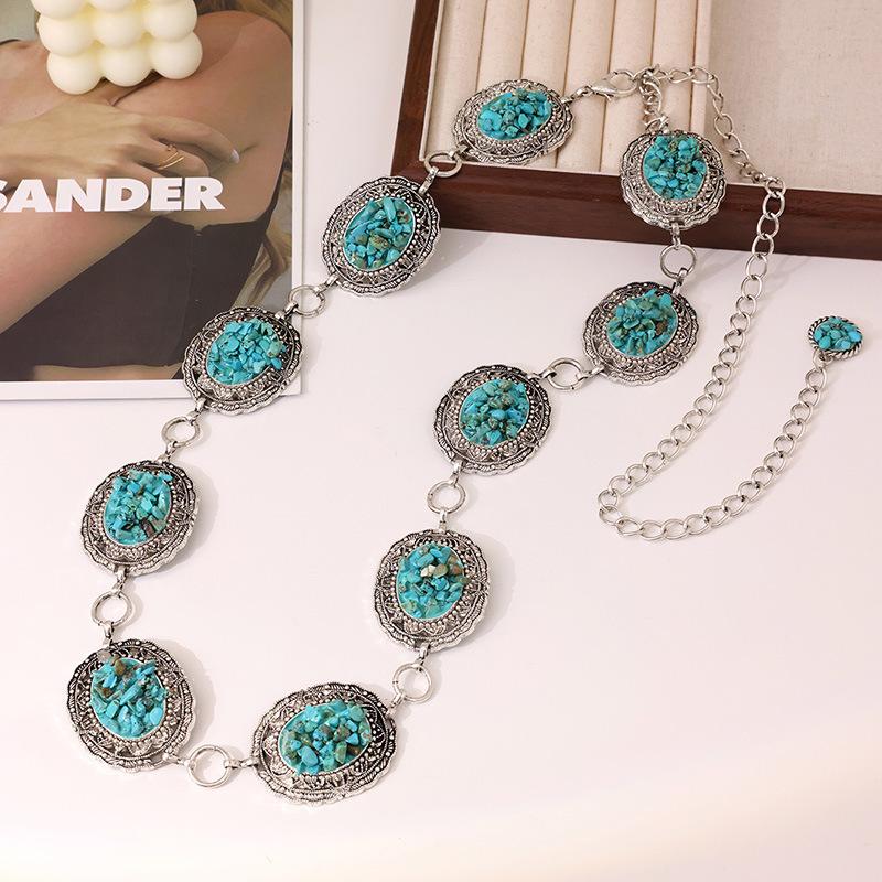 

Весна Тяжелая промышленность Ретро Гравировка Полый Дворцовый стиль Бирюзовый Металл Женская Поясная Цепь Пояс