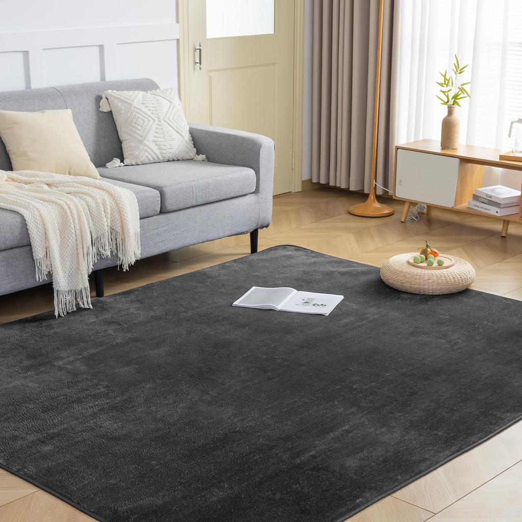 fuwawa Washable 3 Tatami Mat Size Comfortable for All Flannel Odor Compatible with Heated Solid Black Rug, Carpet, Non-Slip, Rug, (200x250cm),