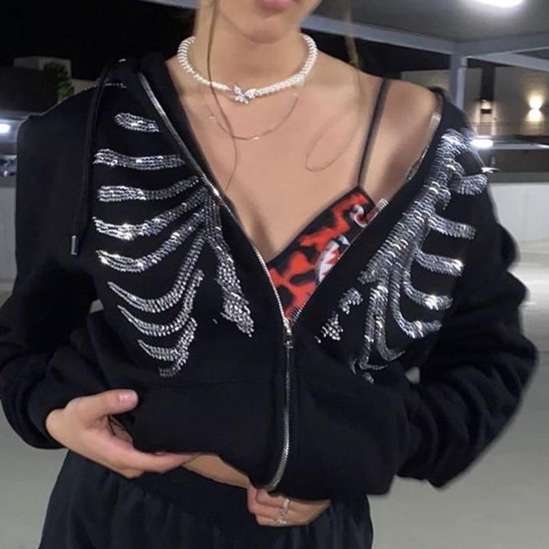 Y2K Rhinestone Hoodies Women Gothic Black Zip Up Oversized Sweatshirts Female Retro Harajuku Hooded Jacket Streetwear
