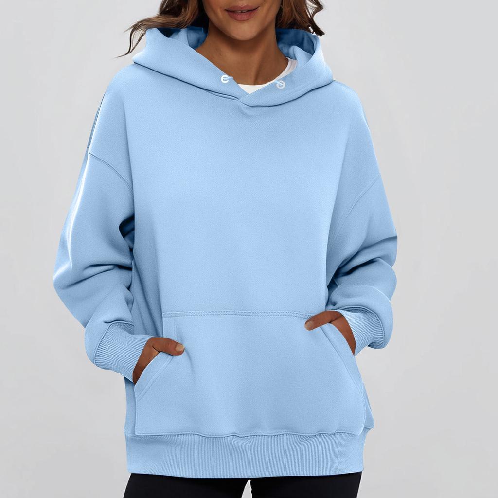 Ladies' Fashionable Solid Color Casual Hooded Pocket Long Sleeved Top