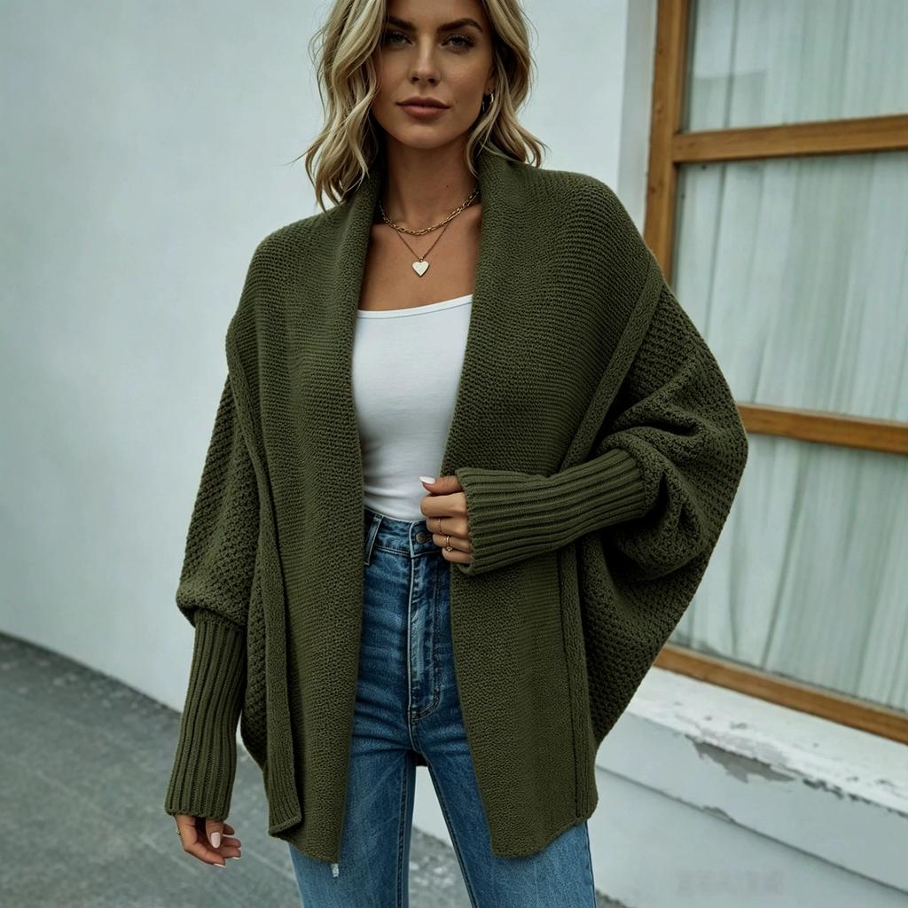 Autumn and Winter New Women's Knitted Sweater Solid Color Bat Sleeve European and American Sweater Cardigan Jacket Women