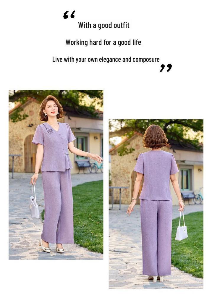 Elegant Summer Floral 3D Suit: Casual Top & Elastic Waist Trousers for Middle-Aged and Elderly Women