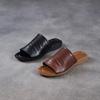 Johnature Retro Outerwear Slippers Genuine Leather Soft Soled Peep Toed Flat Women's Slides