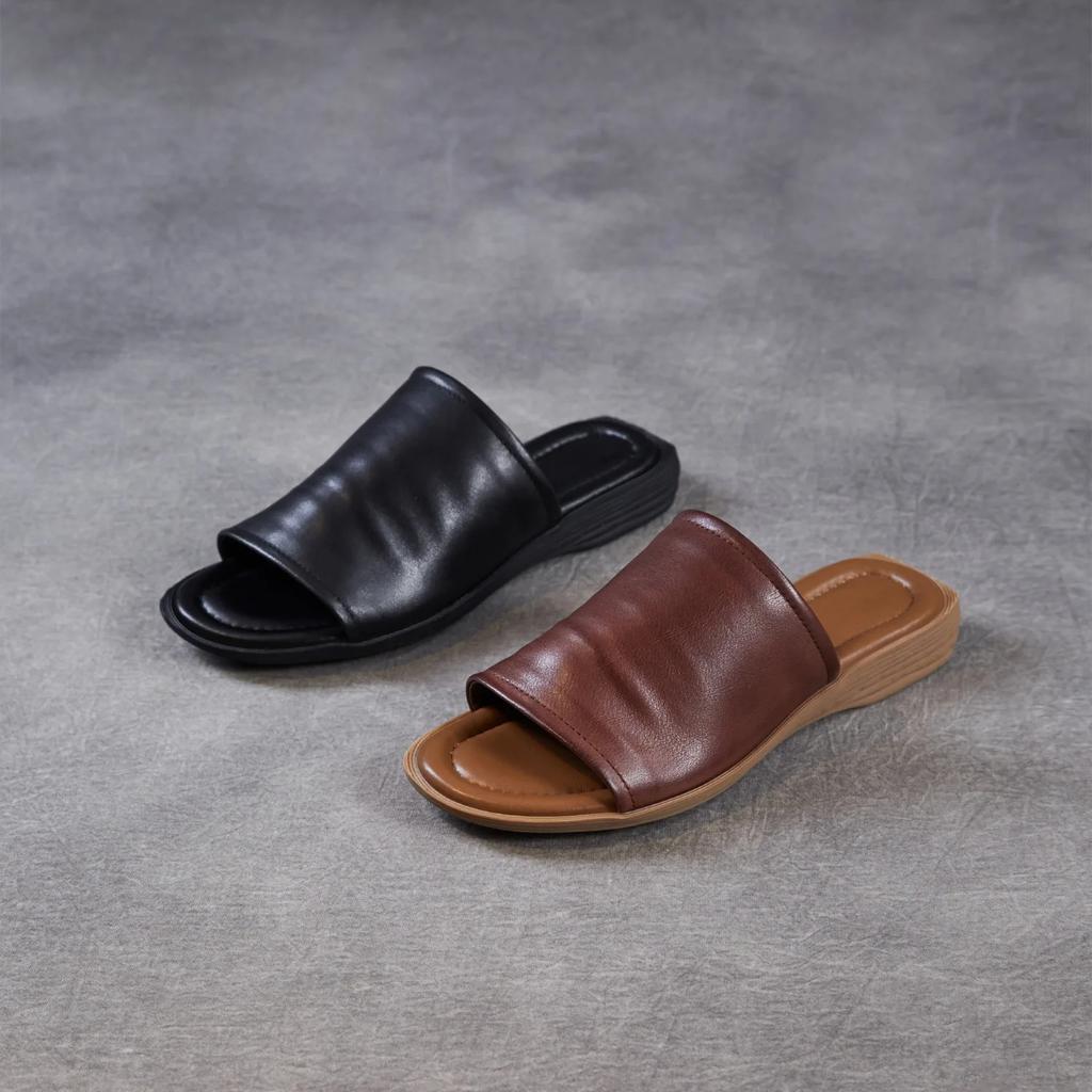 Johnature Retro Outerwear Slippers Genuine Leather Soft Soled Peep Toed Flat Women's Slides