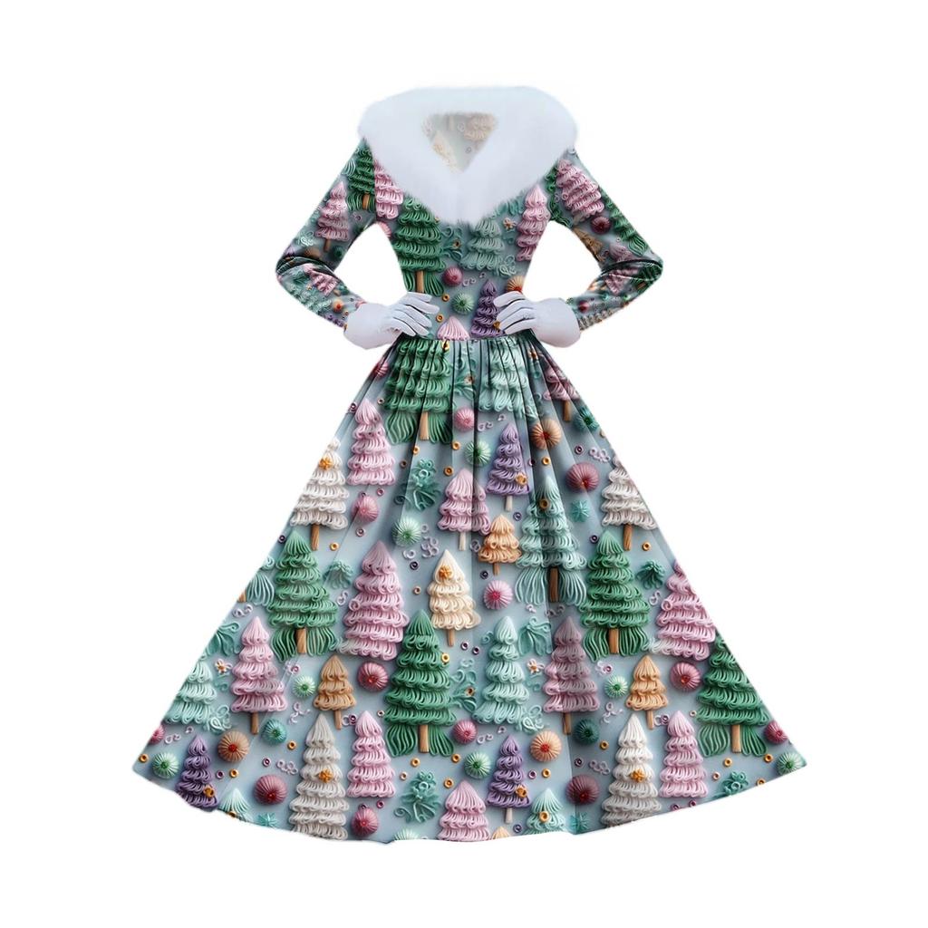 Women's Casual Dress Long-Sleeve V-Neck Patchwork Fleece Christmas Print Dress