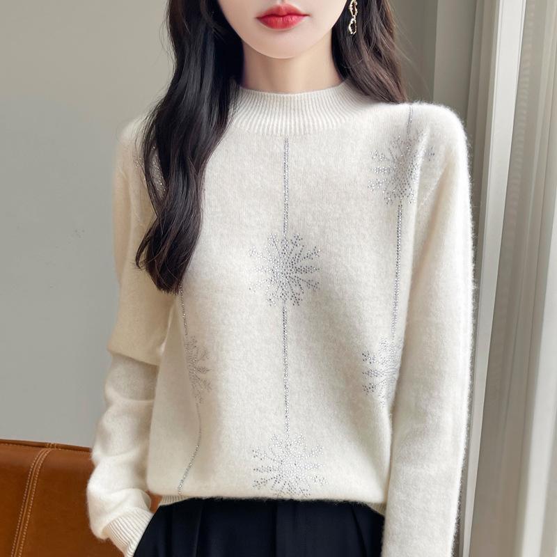 Women S Loose Fit Half Turtleneck Pullover Sweater With Rhinestones