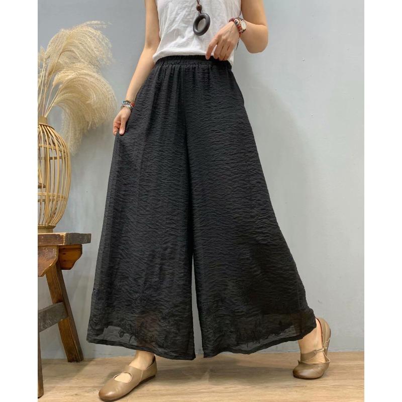 Women's Teal Embroidery Wide Leg Pants High Waist Loose Flowy Trousers Chinese Style Casual Pants