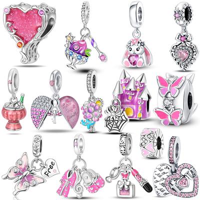 Copper Charms Original Pink Zircon Heart Butterfly Castle Rabbit Beads Fit Bracelet Women Accessories Diy Jewelry Gift