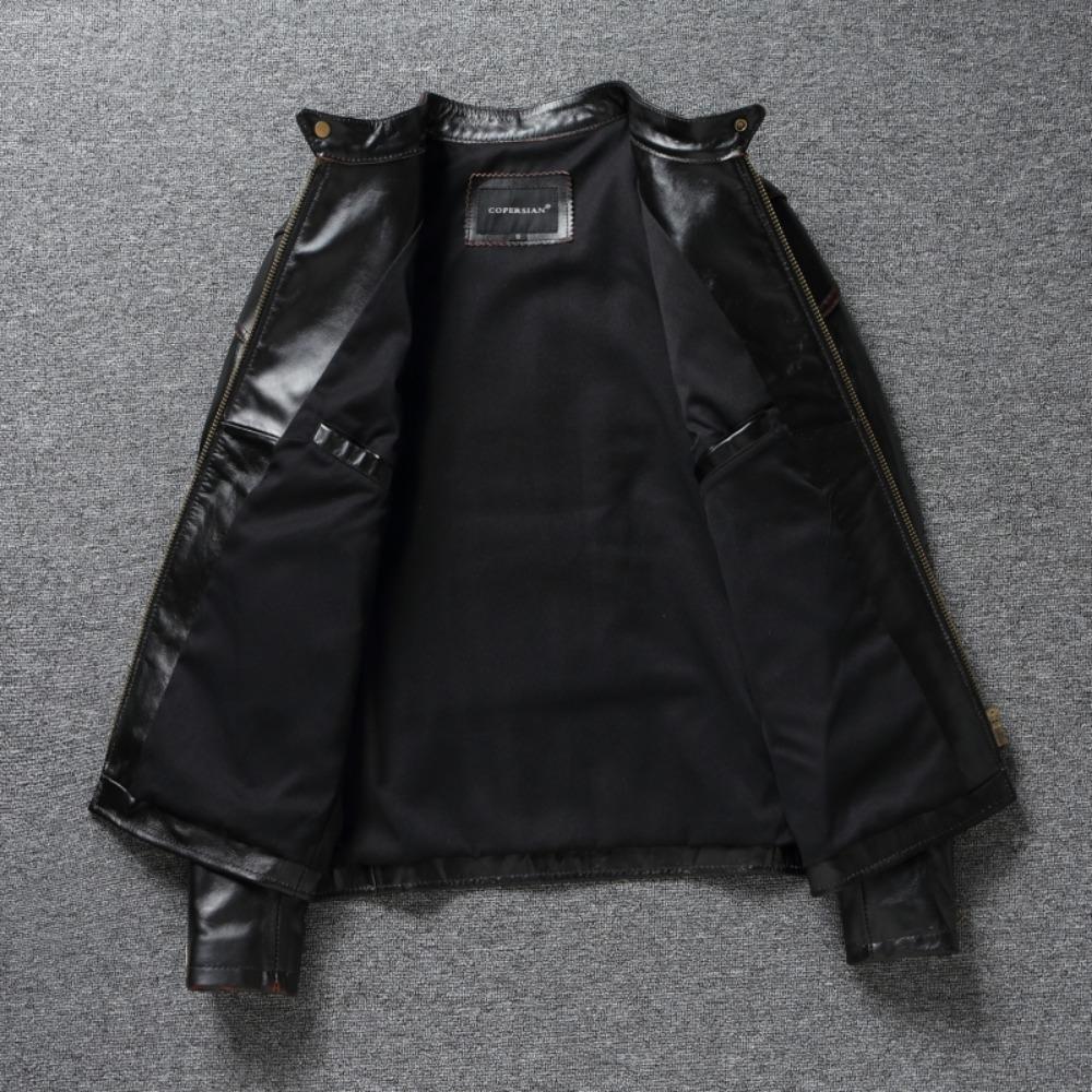 Chinese Size Style RL Top Layer Oil Waxed Cowhide Real Leather Jacket Men Stand Collar Brown Motorcycle Coat Men's Biker Jacket Spring Autumn