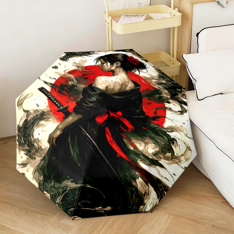 1PC Samurai Sunset Blossoms Automatic Umbrella - Suitable Travel Outdoor Portable Umbrella Birthday Gift Daily Essentials