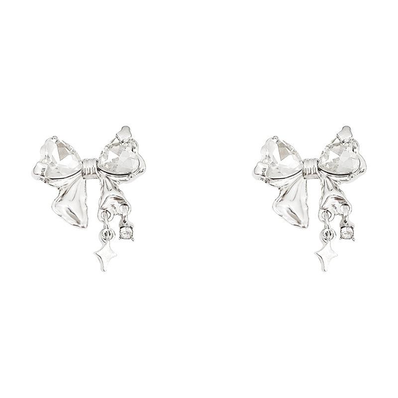 Korean version of silver needle bow zircon stud earrings women's niche design sense high-end earrings fashion temperament ear jewelry