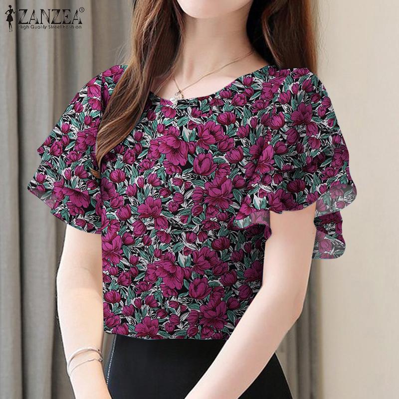 ZANZEA Women Casual O-neck Ruffles Short Sleeve Floral Print Blouse