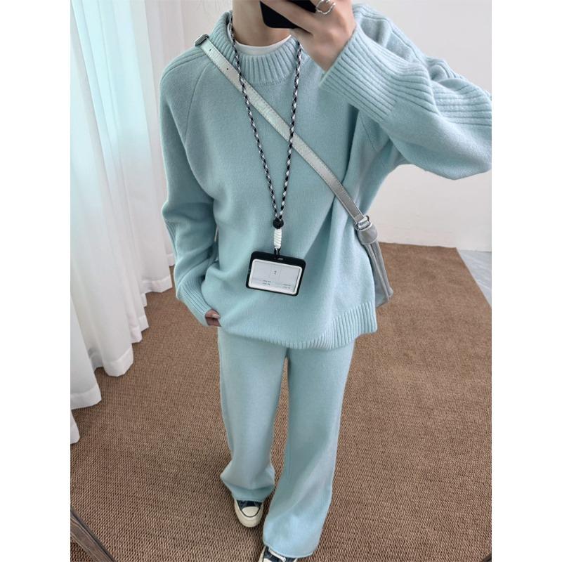Crew Neck Fashion Suit Autumn and Winter New Lazy Style Casual Wide-leg Trousers Top Knitted Sweater Two-piece Set