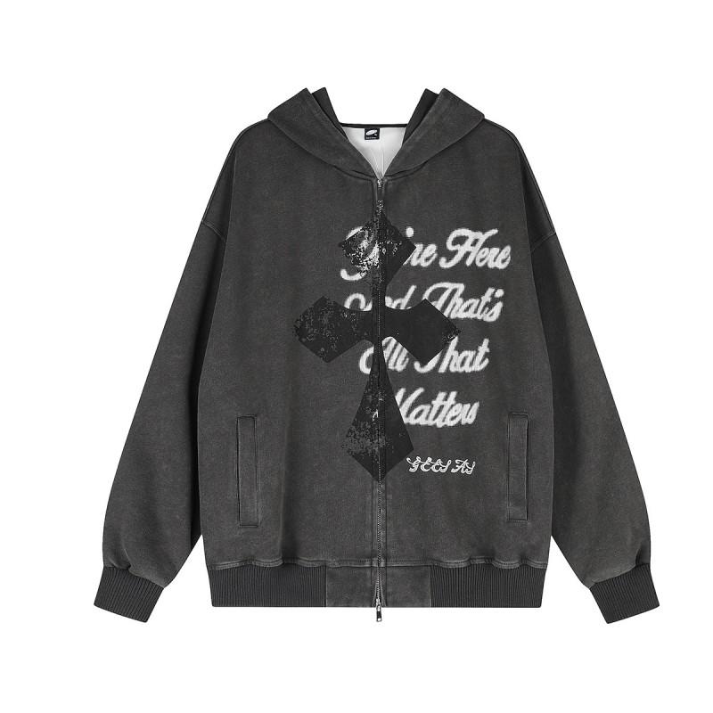 Unisex Vintage Washed Hoodie With Abstract Print Loose Fit Cotton Pullover Fall Streetwear