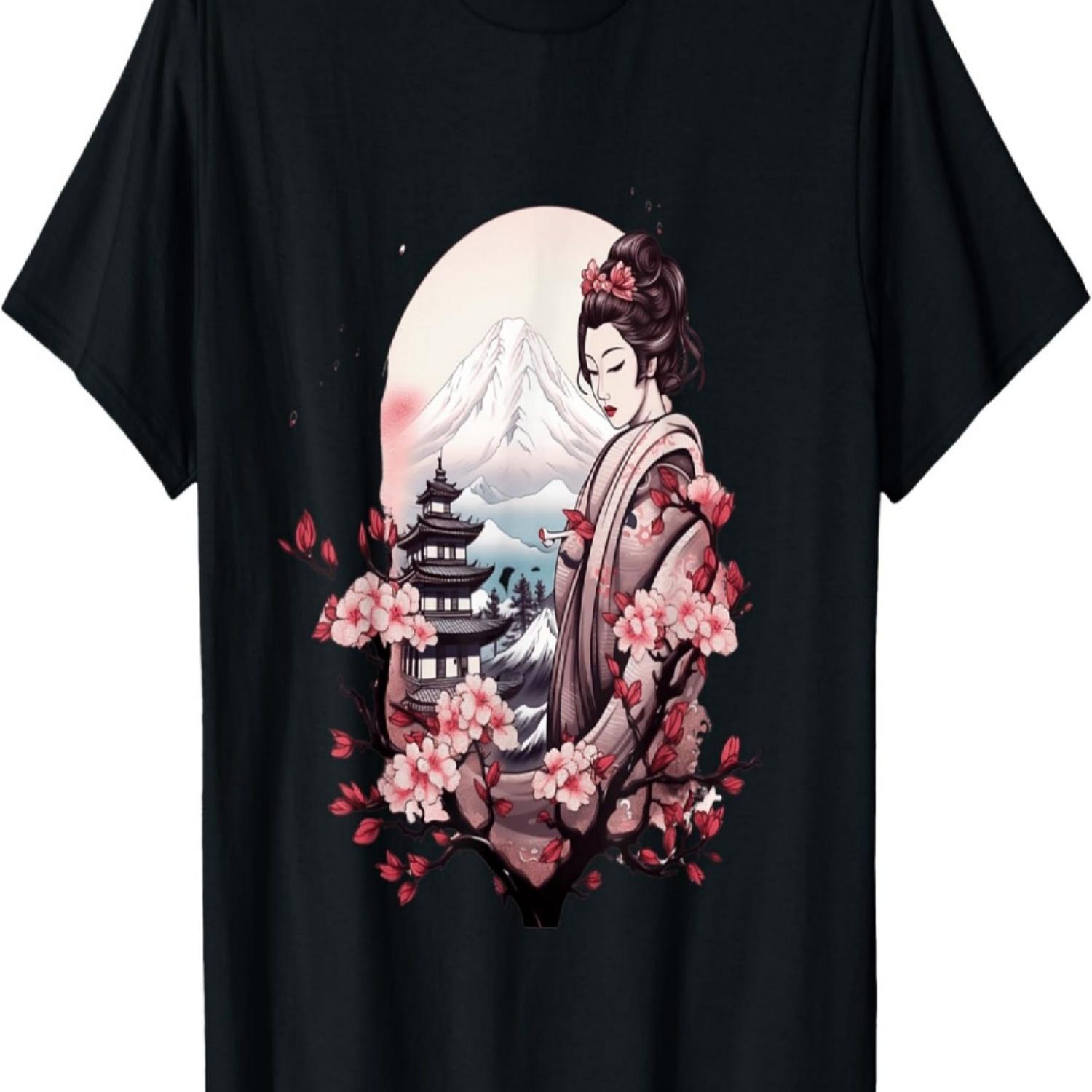 Футболка с гейшей, горой Фудзи, пагодой и цветами сакуры(51) S чёрный