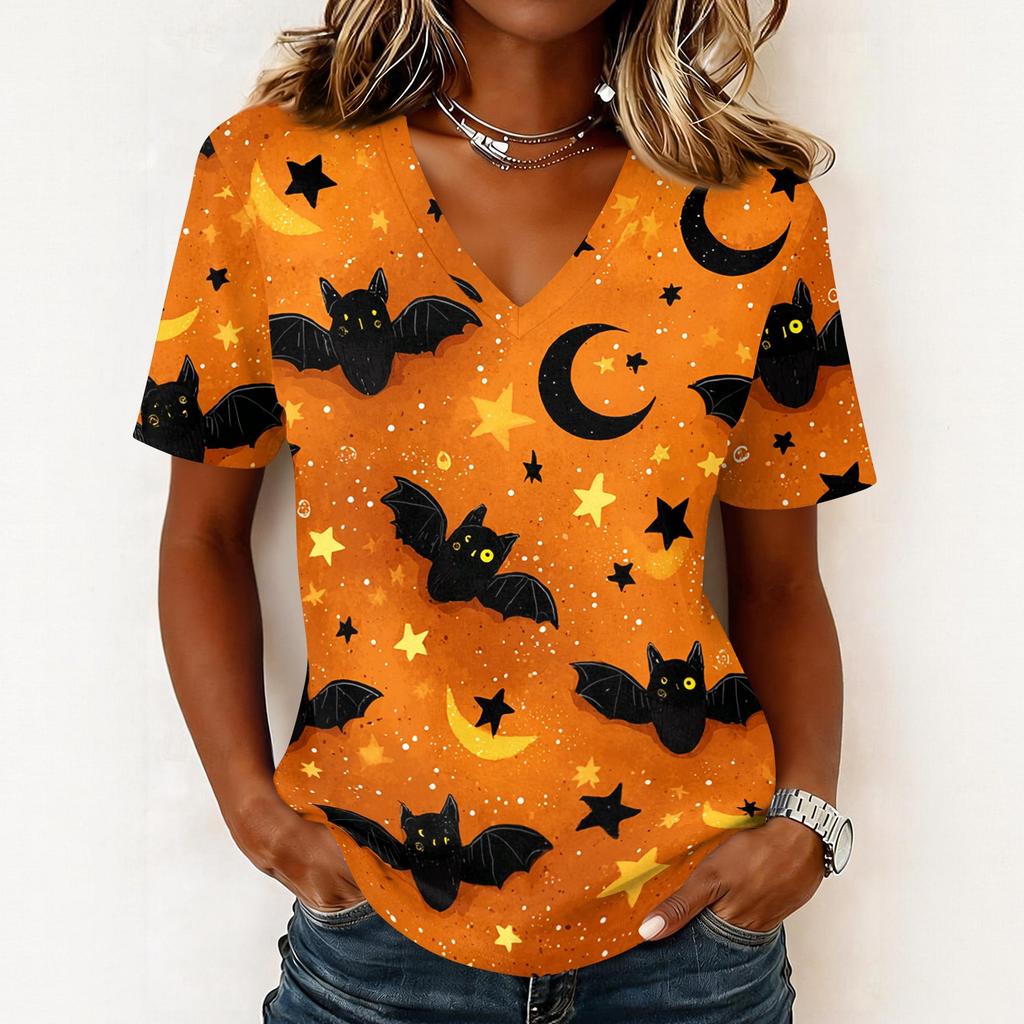 Women Casual Short Sleeve Pullover V Neck Top Halloween Ghost Print Lightweight Comfortable Blouse for Everyday Wear