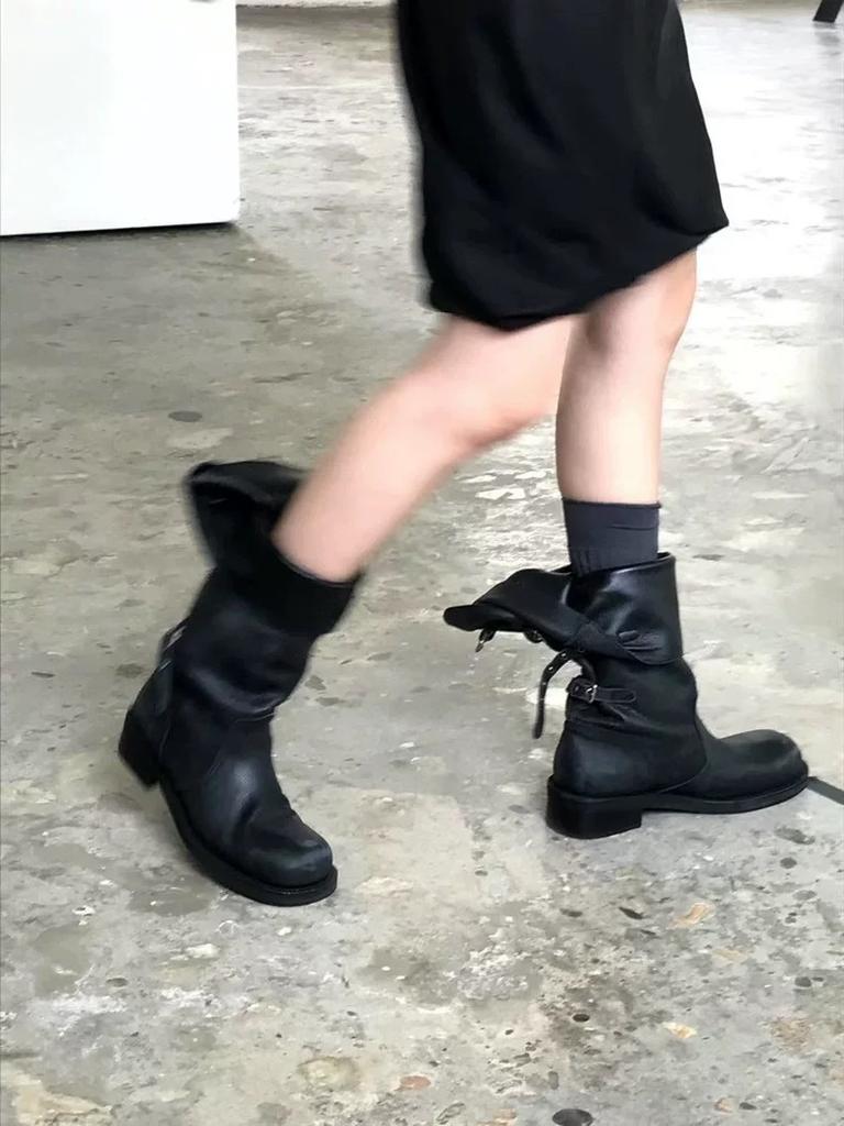 Cowhide version~ Korean niche round head thick heel belt buckle two wear versatile medium and high boots knight boots long boots women's boots