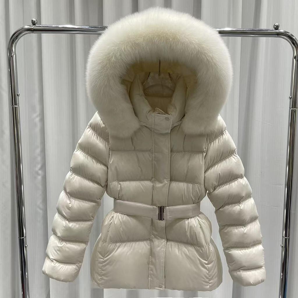 White duck down big fur collar down jacket women's short winter new small waist thin thickened coat