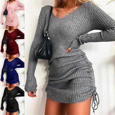 Women's Fashion Sexy V-neck Long Sleeve Sweater Dress Drawstring Solid Color Loose Above Knee Knitted Pullovers