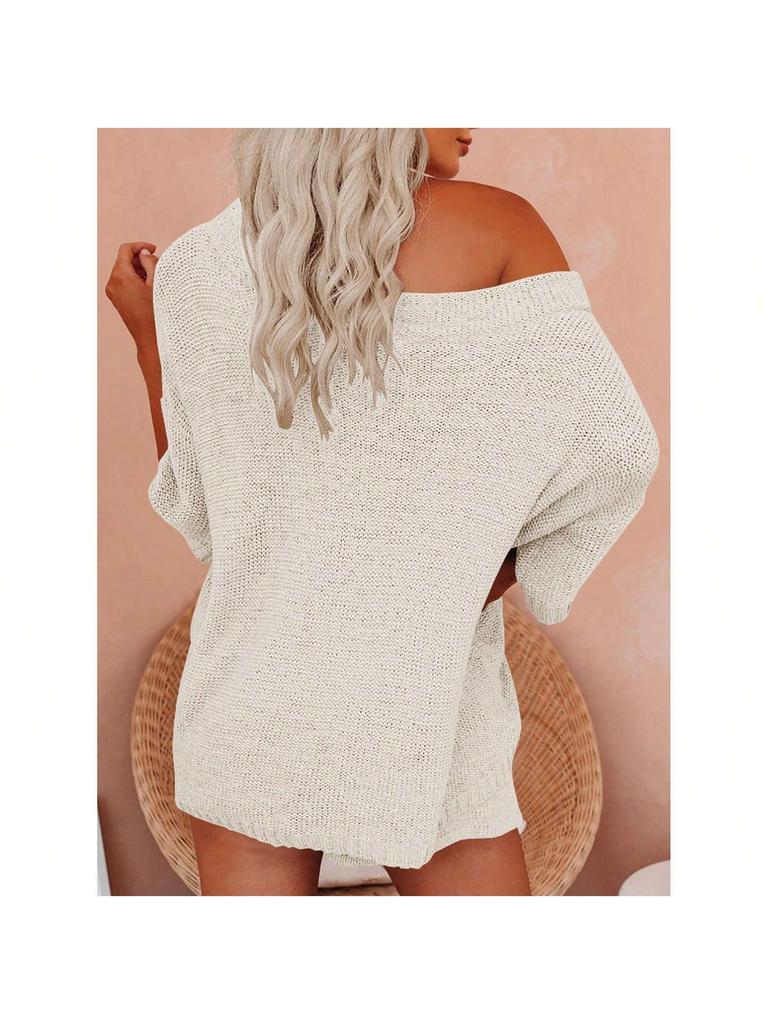 Women's Two Piece Knit Lounge Set Off Shoulder Top and Shorts Matching Cute Pajama Outfit
