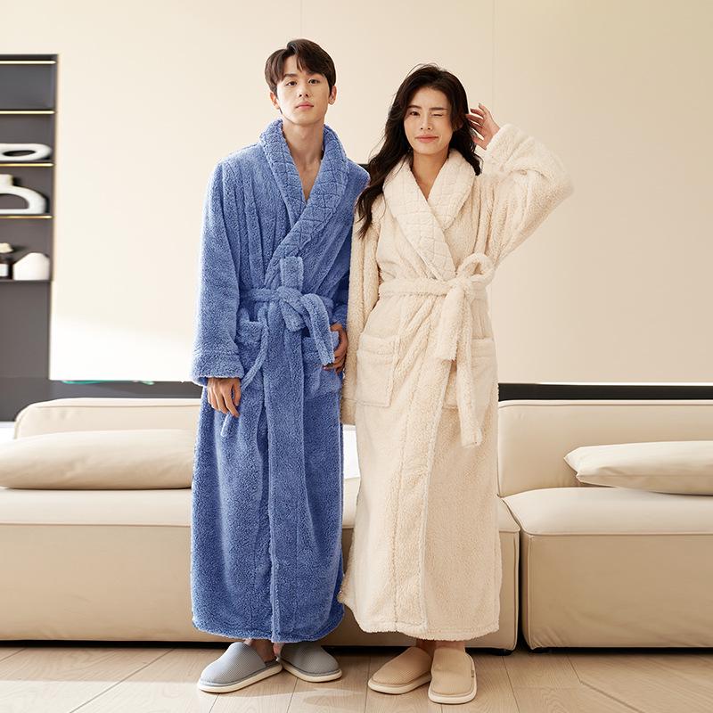 Herren- und Damen-Winter-Flanell-Langmantel-Pyjama - Beidseitiger Korallenfleece, Knöchellang