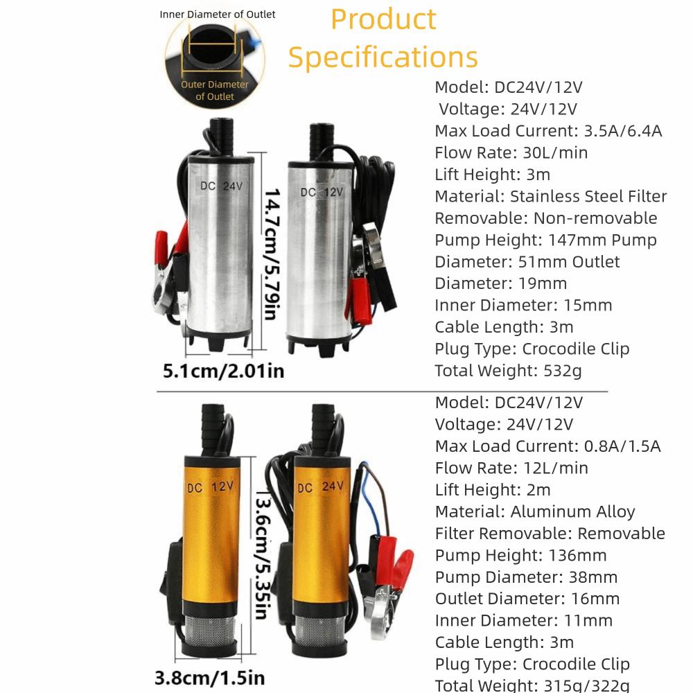 38mm Port Submersible Pump 12V/24V DC Refueling Pump Electric Fuel Transfer Pump  Camping Use