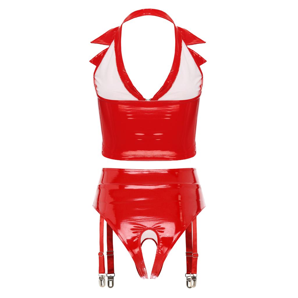 Dámský sexy 2dílný set spodního prádla z lakované kůže: hluboký V-výstřih, tílko a kalhotky s vysokým pasem