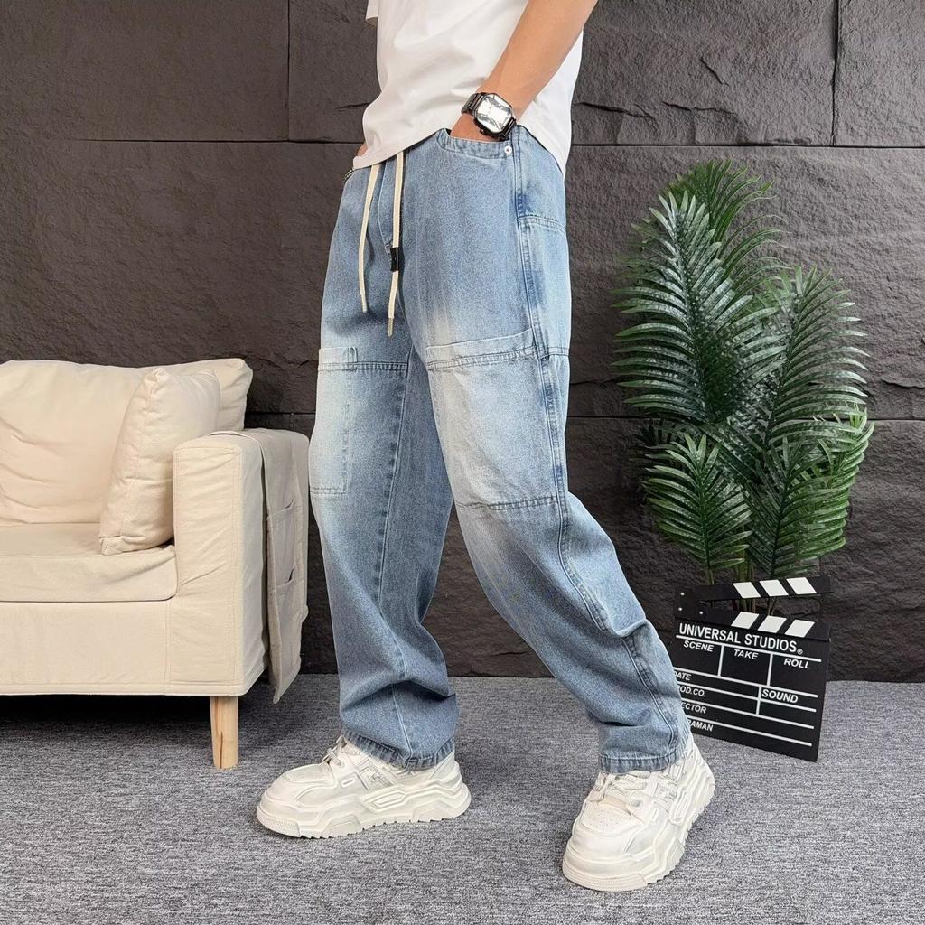 JYL Mens Jeans Autumn New Teen Fashion Trendy Elastic Waist Tapered Denim Pants
