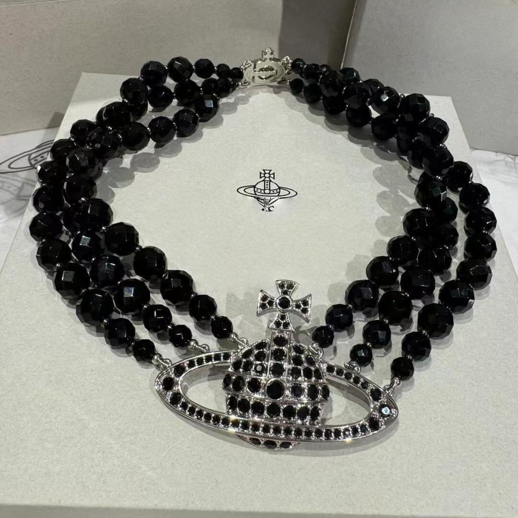 Hochwertige Schwarze Achat Kaiserinwitwe Diamant Kristall Halskette - Klassische Dreilagige Saturn Schlüsselbein Kette für Damen