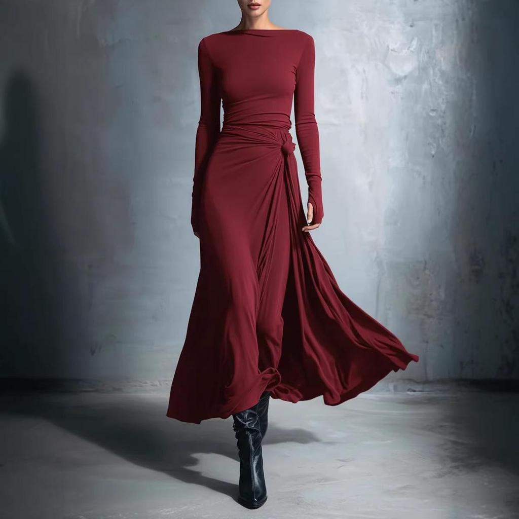 2025 Women's Autumn/Winter Solid Color Long Sleeve Wrap Dress with Knot Detail