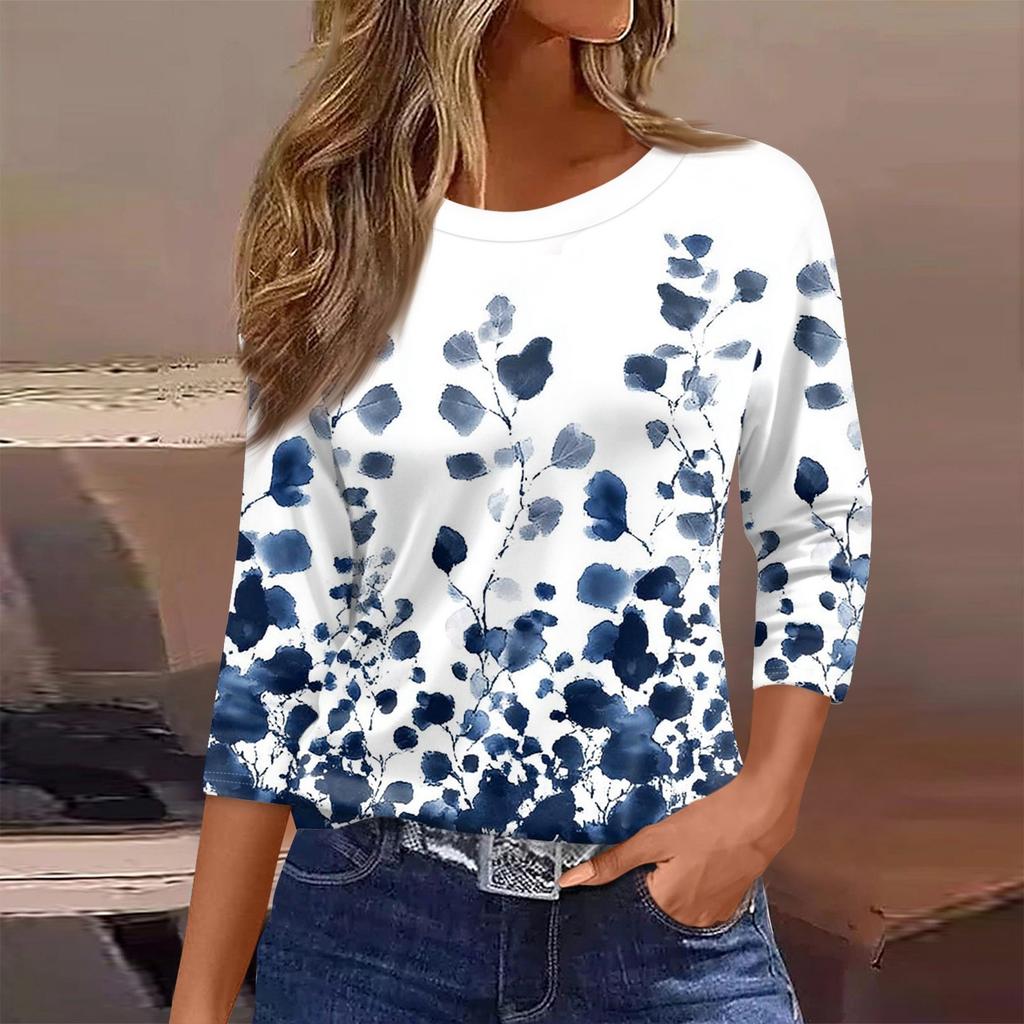 Women's Fashion Casual Round Neck 3/4 Sleeve Loose  Printed T-Shirt Ladies Top