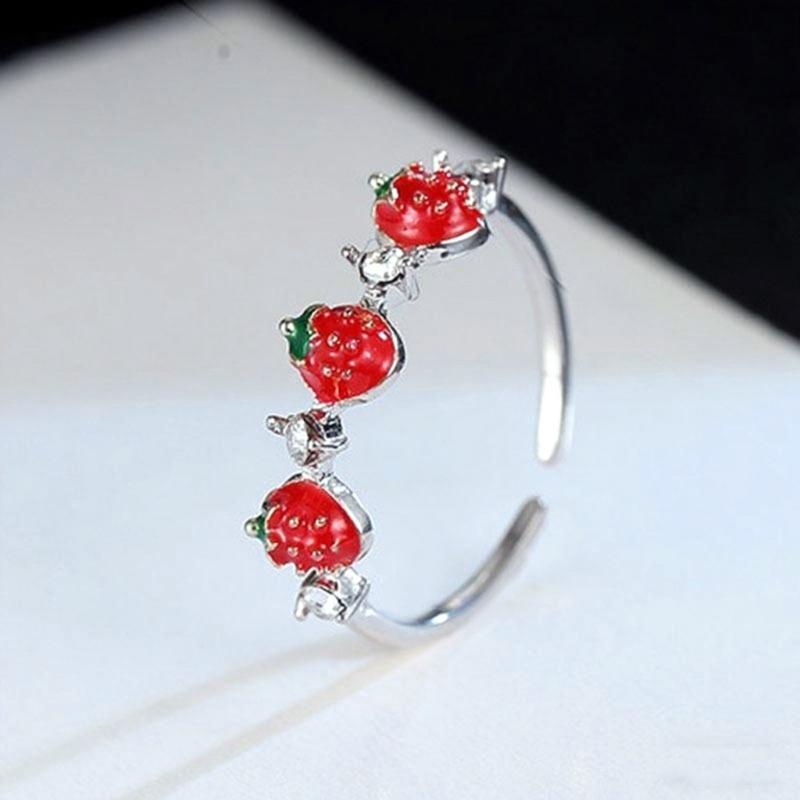 Adjustable Opening Strawberry Design Fashion Ring With Sparkling Cubic Zirconia Stones Versatile Stackable Jewelry For Daily Occasions