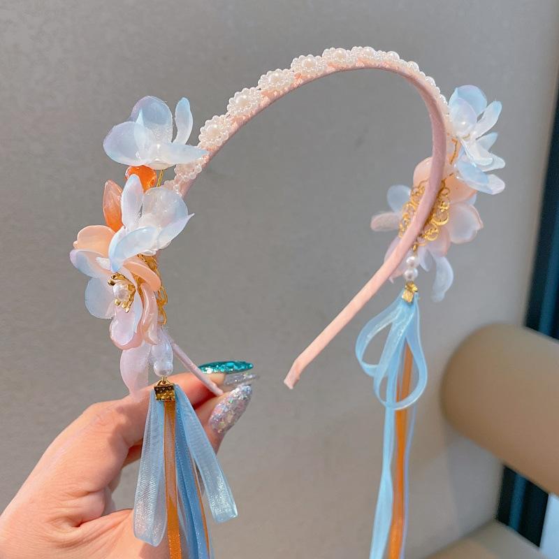 Floral Butterfly Hair Crown for Girls – Delicate Pearl & Silk Tassel Headpiece in Traditional Chinese Design