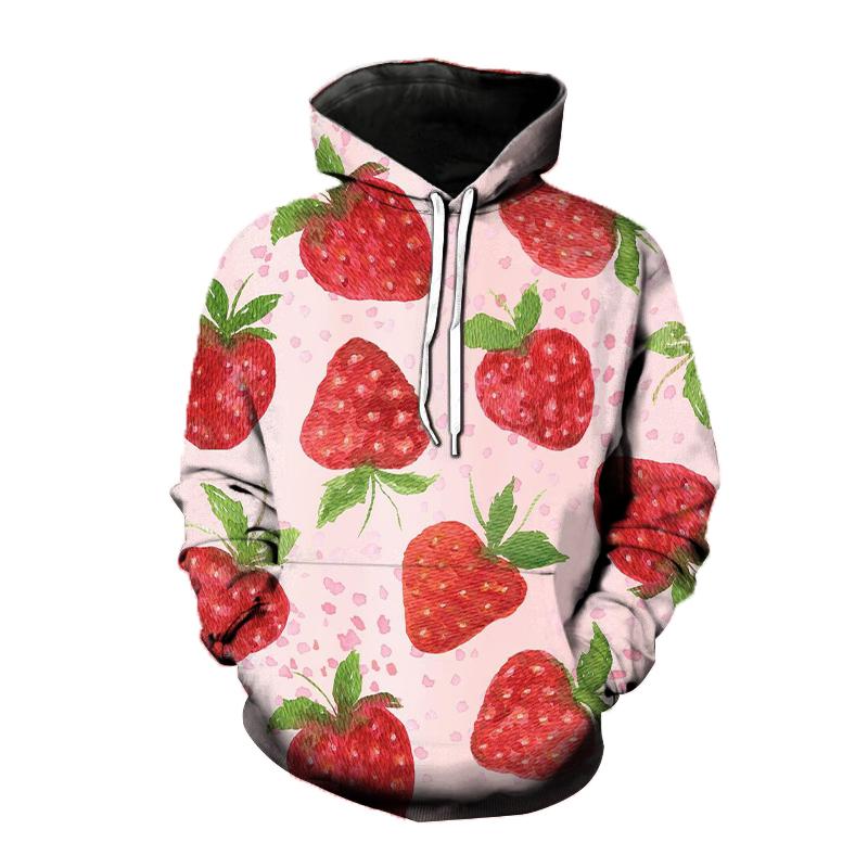 Dámska mikina s 3D potlačou jahody Roztomilý ovocný vzor Voľný ležérny top s dlhým rukávom Módna pohodlná unisex mikina