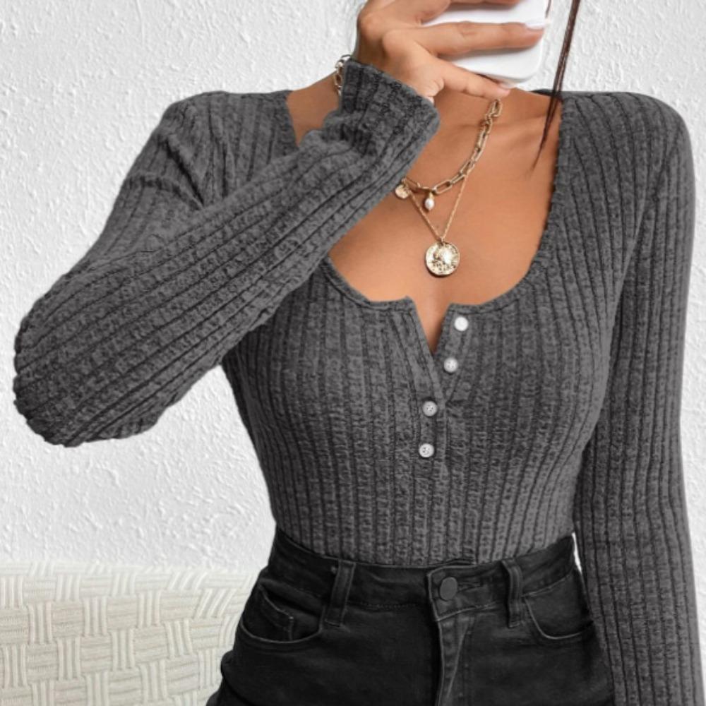 IHUASU Women's Autumn Tide Women's O-Neck Pit Stripe Grab Hair Solid Color Button Patchwork Long Sleeve T-shirt