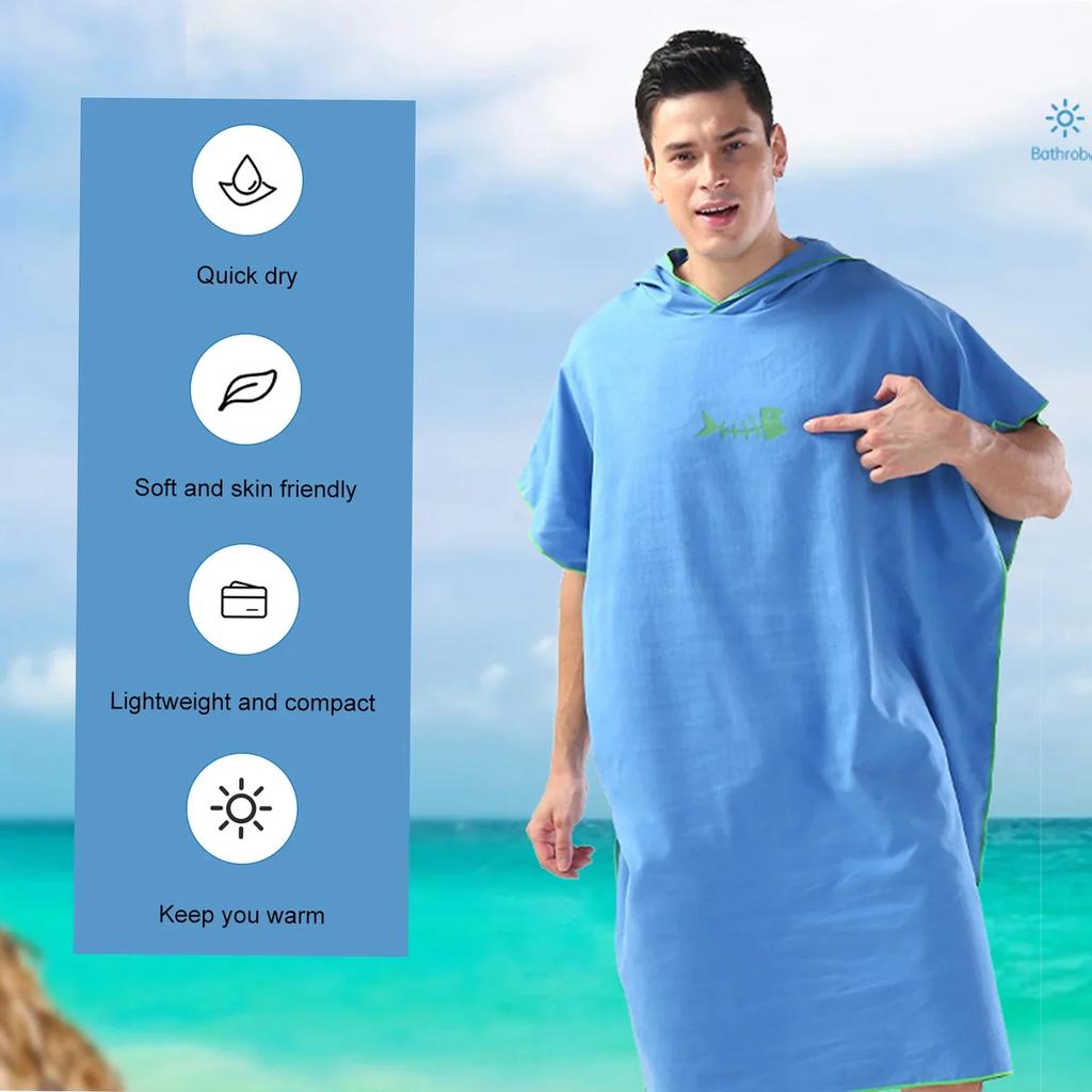 Unisex Hooded Microfiber Bathrobe Cape Quick Dry Swim Surf Towel For Beach Travel Sauna Changing Robe Lightweight Sports