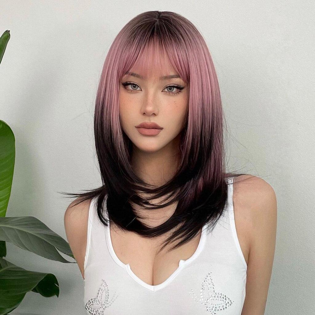 ALAN EATON Schwarz-rosa Ombre-Synthetik-Perücken für schwarze Frauen, lange geschichtete gerade Perücke, gemischte Farben, Cosplay-Haar, hohe Temperatur
