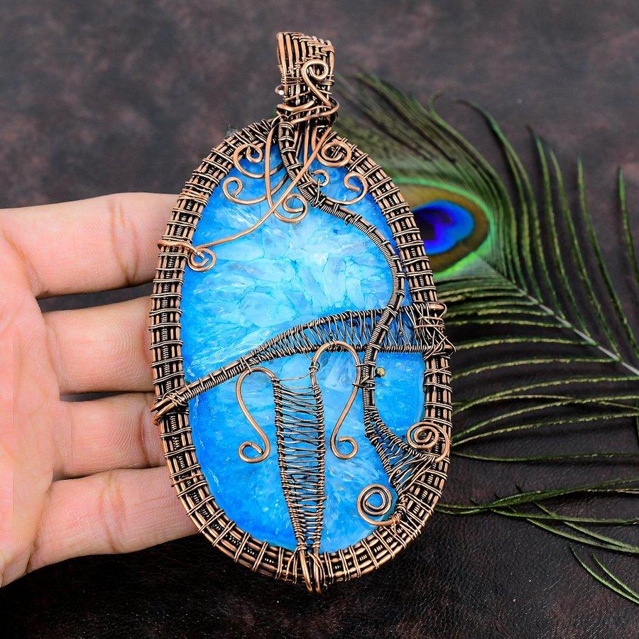 Natural Aqua Solar Druzy Gemstone Handmade Copper Wire Wrap Pendant 5.52 g6M27